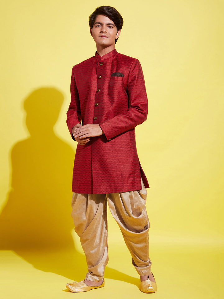 VASTRAMAY Boys Maroon Indo Western Jacquard Sherwani and Dhoti Pant Set