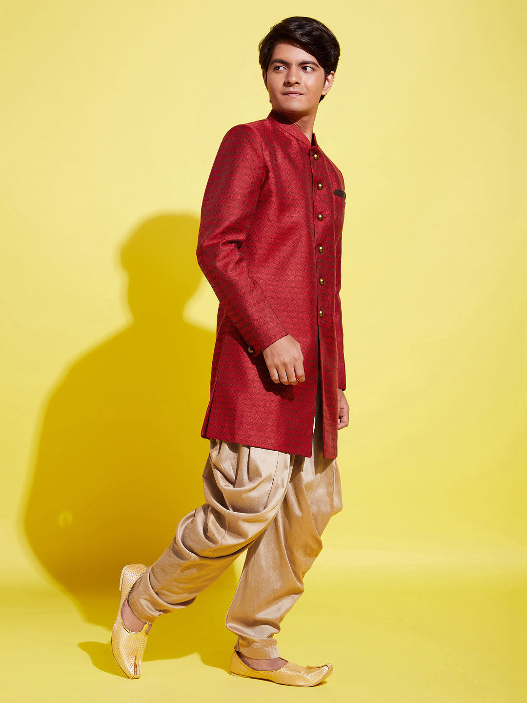 VASTRAMAY Boys Maroon Indo Western Jacquard Sherwani and Dhoti Pant Set