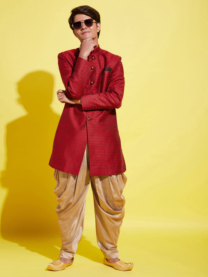 VASTRAMAY Boys Maroon Indo Western Jacquard Sherwani and Dhoti Pant Set