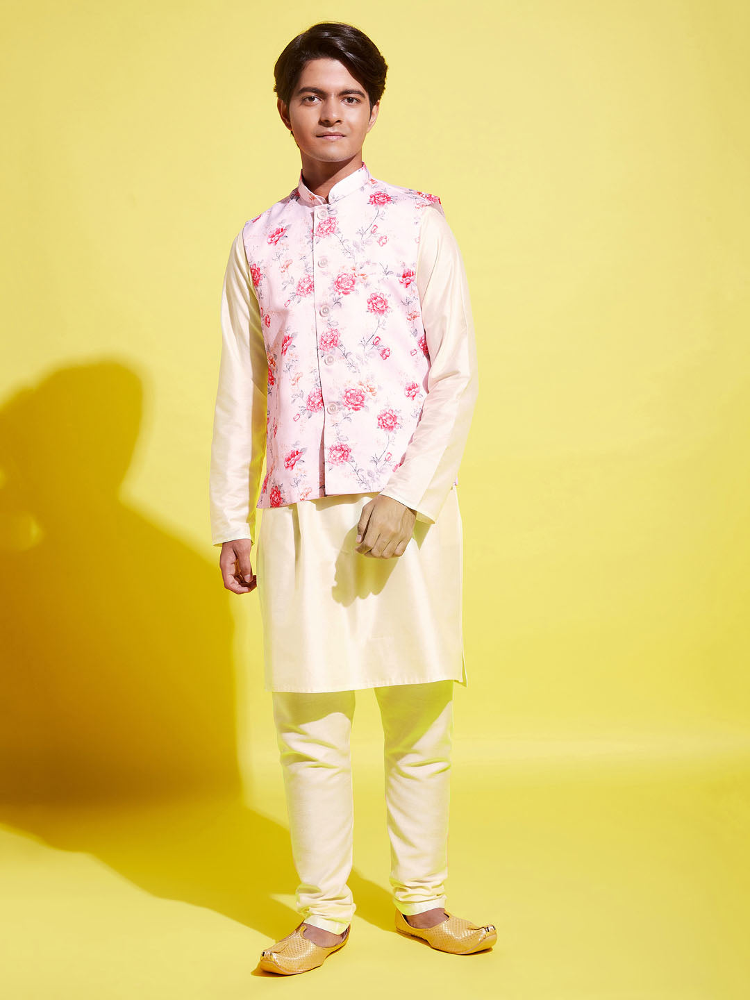 VASTRAMAY Boys Peach Floral Printed Nehru Jacket With Cream Kurta And Pyjama Set