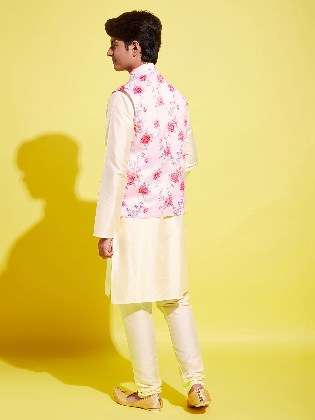 VASTRAMAY Boys Peach Floral Printed Nehru Jacket With Cream Kurta And Pyjama Set