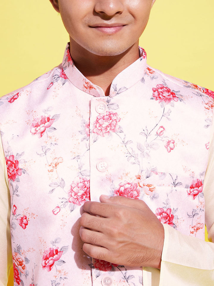 VASTRAMAY Boys Peach Floral Printed Nehru Jacket With Cream Kurta And Pyjama Set