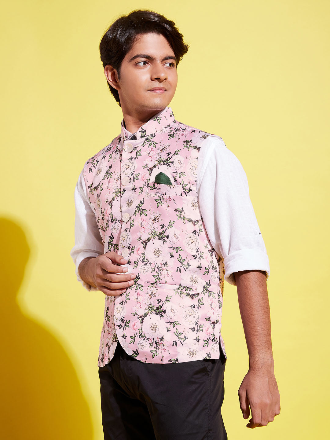 VASTRAMAY Boys Multicolor-Base-Pink Floral Printed Nehru Jacket