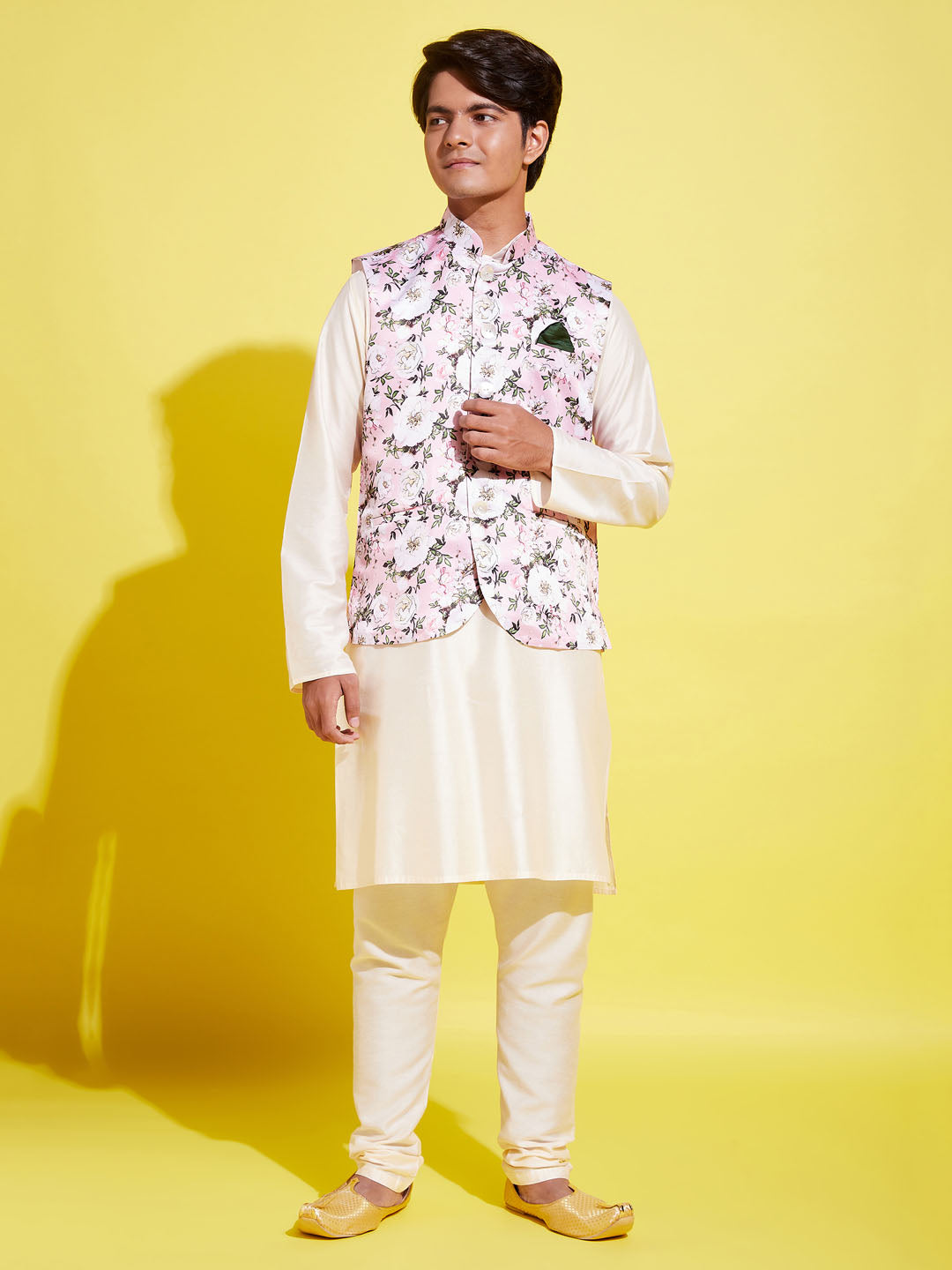 VASTRAMAY Boys Pink Floral Printed Nehru Jacket With Cream Kurta And Pyjama Set