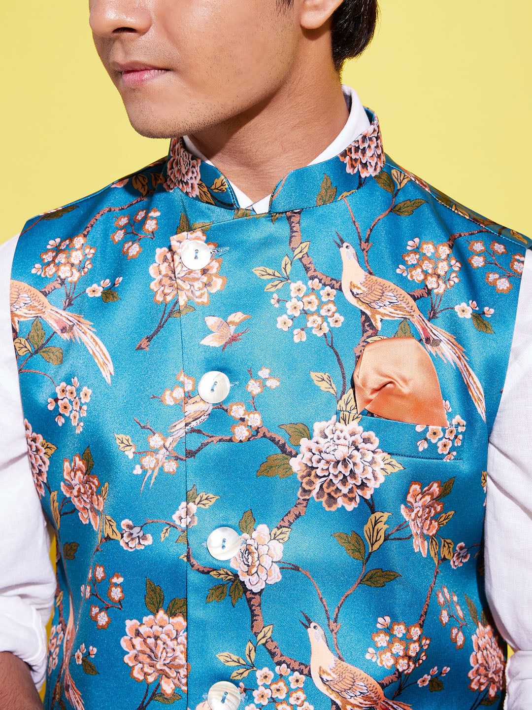 VASTRAMAY Boys Multicolor-Base-Peach Floral Printed Nehru Jacket