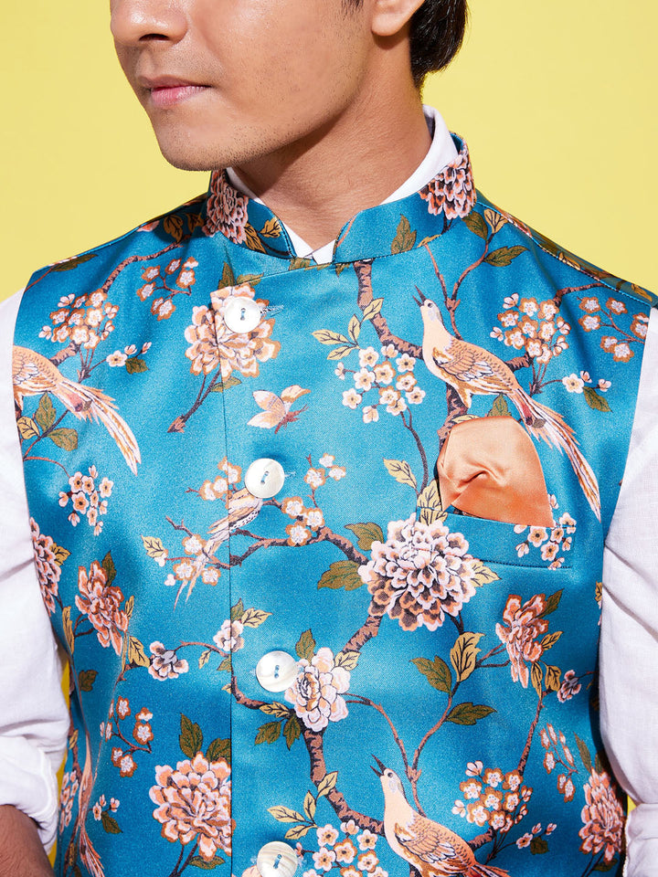 VASTRAMAY Boys Multicolor-Base-Peach Floral Printed Nehru Jacket