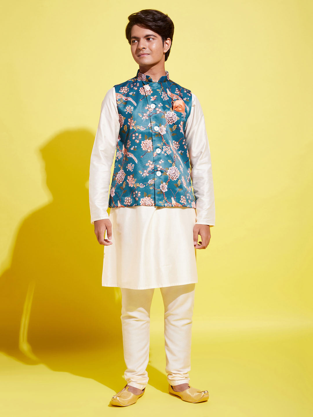 VASTRAMAY Boys Turquoise Blue & Green Printed Nehru Jacket With CreamKurta And Pyjama Set