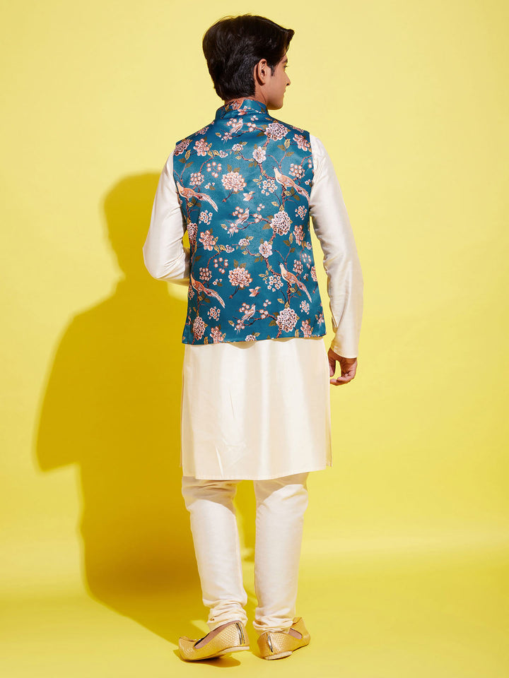 VASTRAMAY Boys Turquoise Blue & Green Printed Nehru Jacket With CreamKurta And Pyjama Set