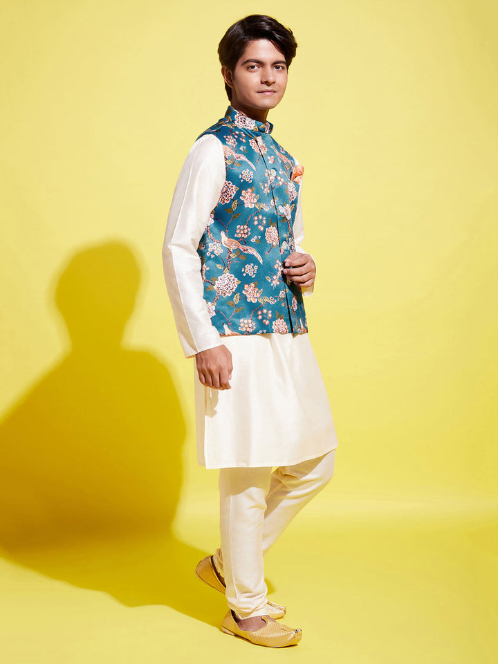 VASTRAMAY Boys Turquoise Blue & Green Printed Nehru Jacket With CreamKurta And Pyjama Set