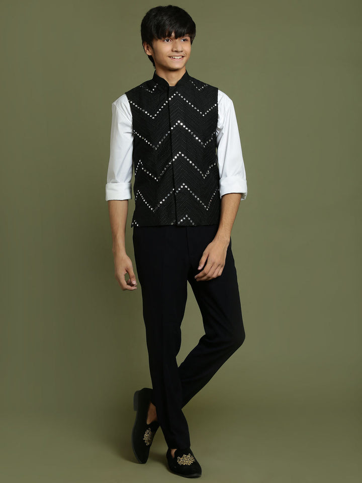 VASTRAMAY Boys' Black Mirror Work Ethnic Jacket