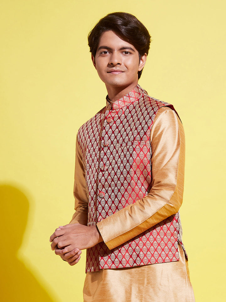 VASTRAMAY Boys' Maroon Woven Design Silk Blend Nehru Jacket