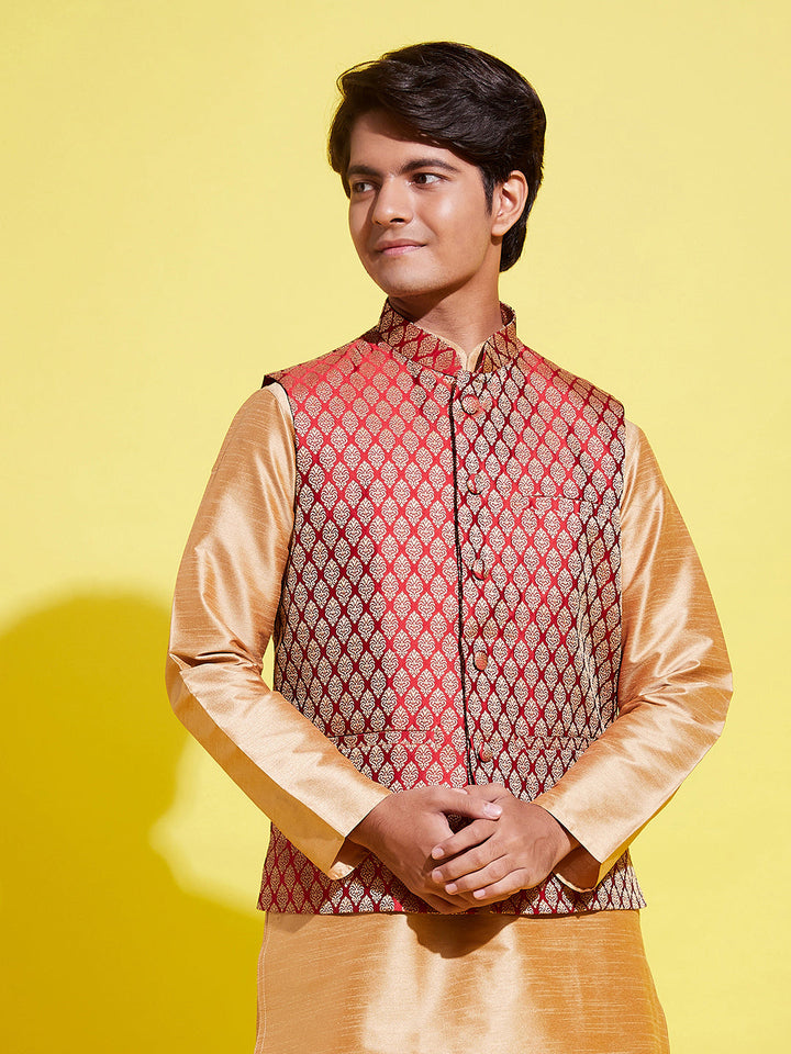 VASTRAMAY Boys' Maroon Woven Design Silk Blend Nehru Jacket