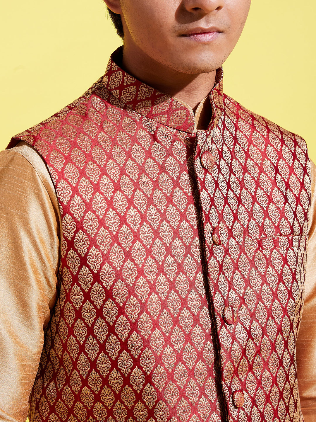 VASTRAMAY Boys' Maroon Woven Design Silk Blend Nehru Jacket