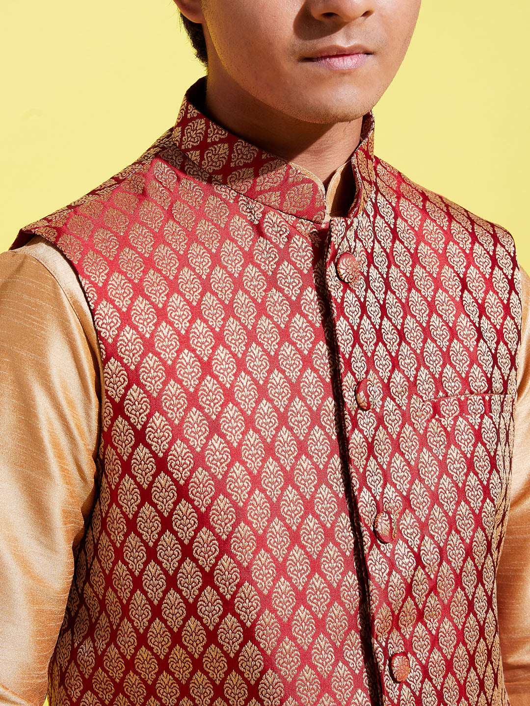 VASTRAMAY Boys' Rose Gold Silk Blend Kurt Pyjama And Maroon Nehru Jacket Set