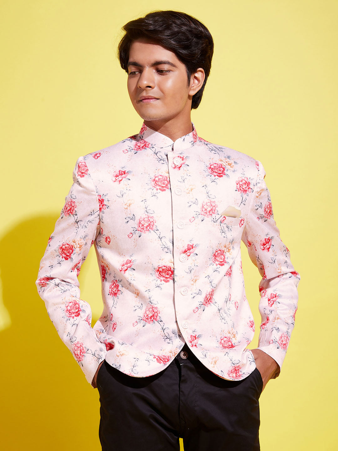 VASTRAMAY Floral Printed Peach Bandhgala Prince Coat Jodhpuri