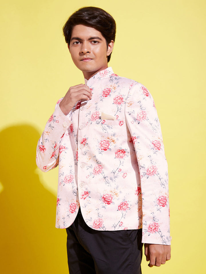 VASTRAMAY Floral Printed Peach Bandhgala Prince Coat Jodhpuri