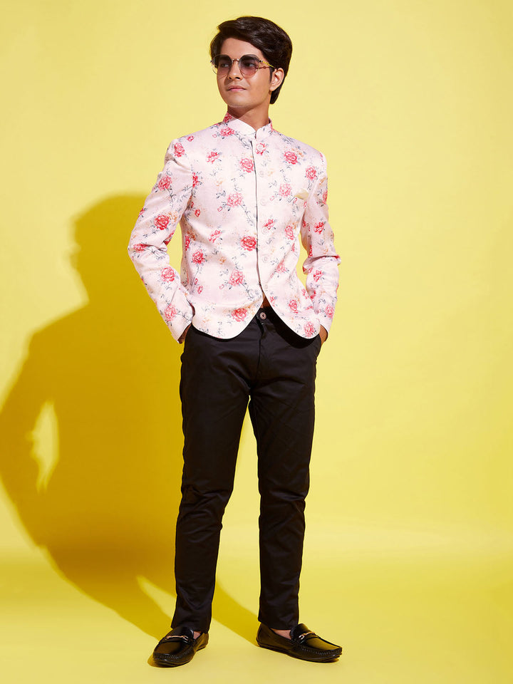 VASTRAMAY Floral Printed Peach Bandhgala Prince Coat Jodhpuri