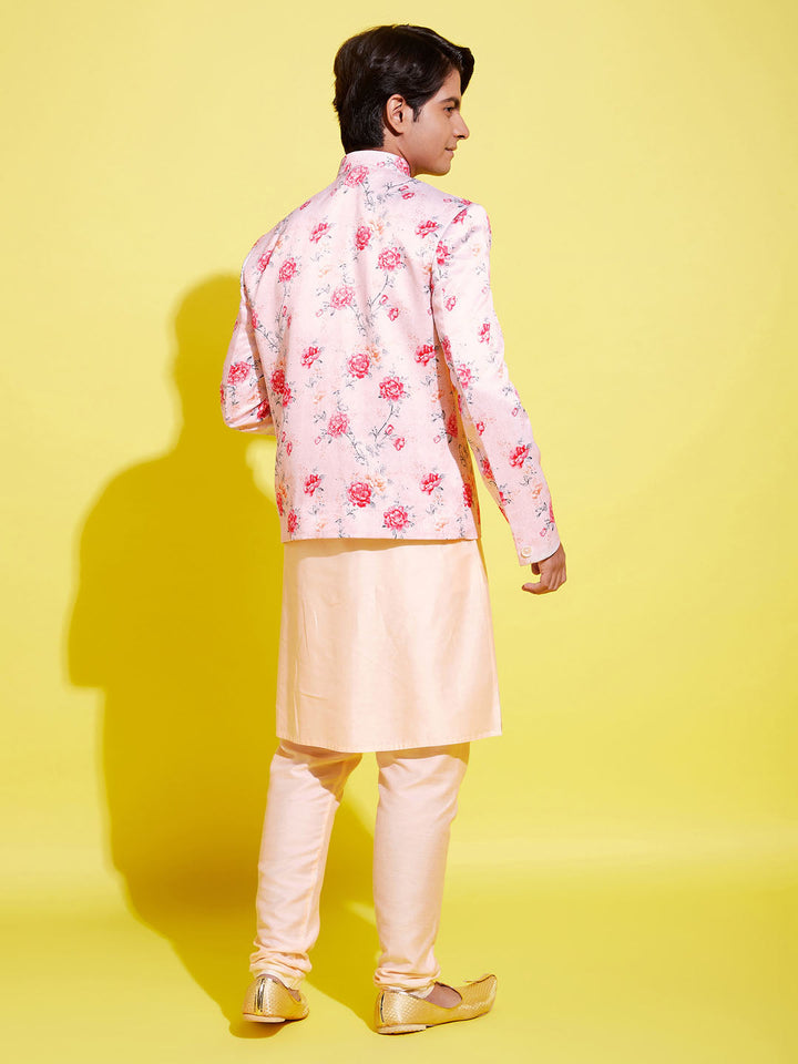 VASTRAMAY Floral Printed Peach Bandhgala Prince Coat Jodhpuri With Cream Kurta Pyjama Set