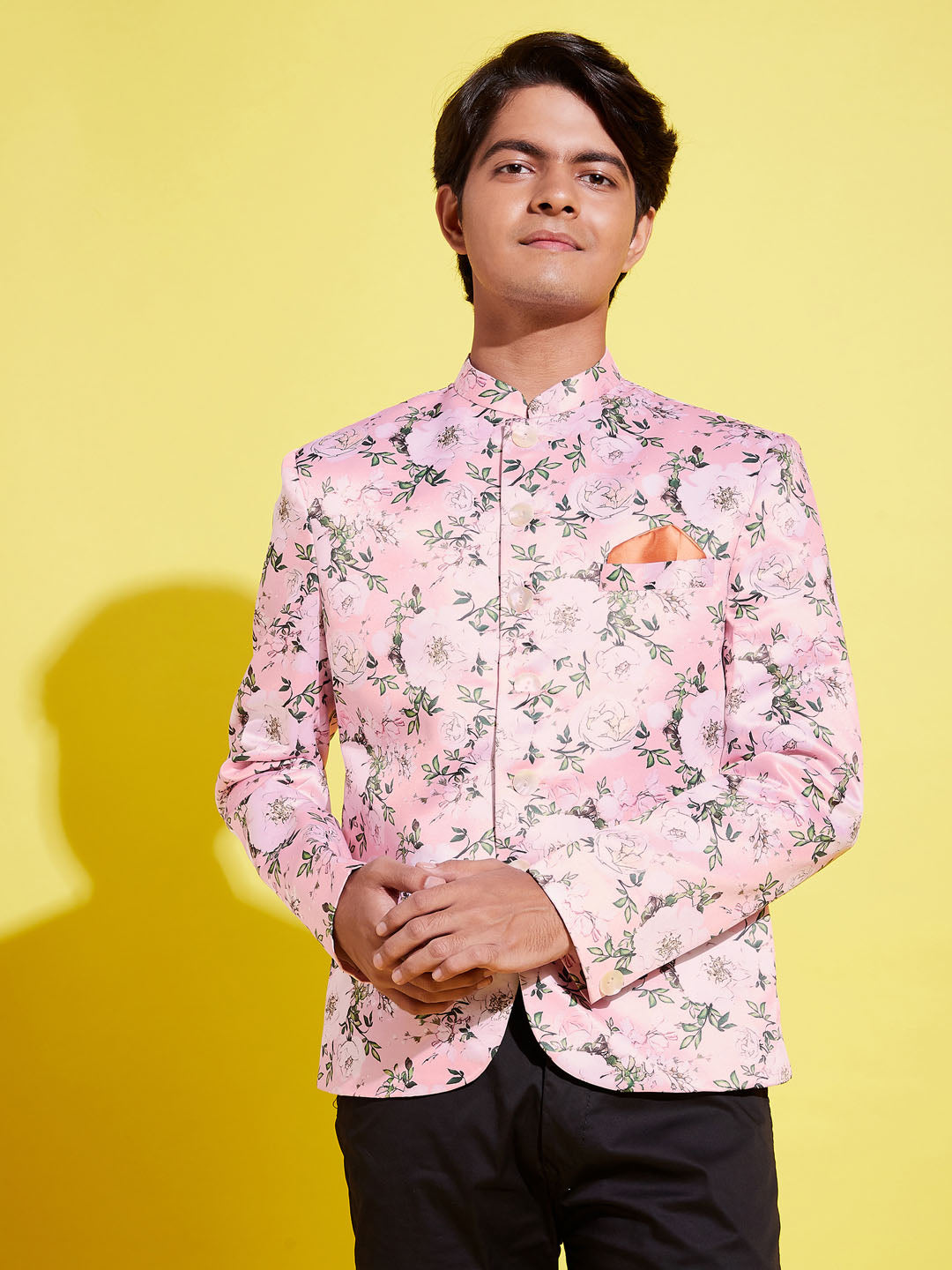 VASTRAMAY Boy's Floral Printed Pink Bandhgala Prince Coat Jodhpuri