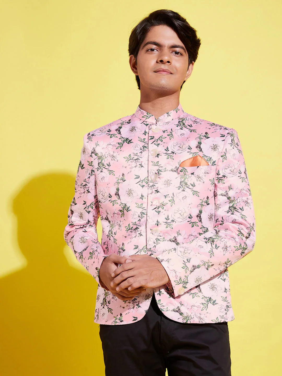 Boy's Floral Printed Pink Bandhgala Prince Coat Jodhpuri