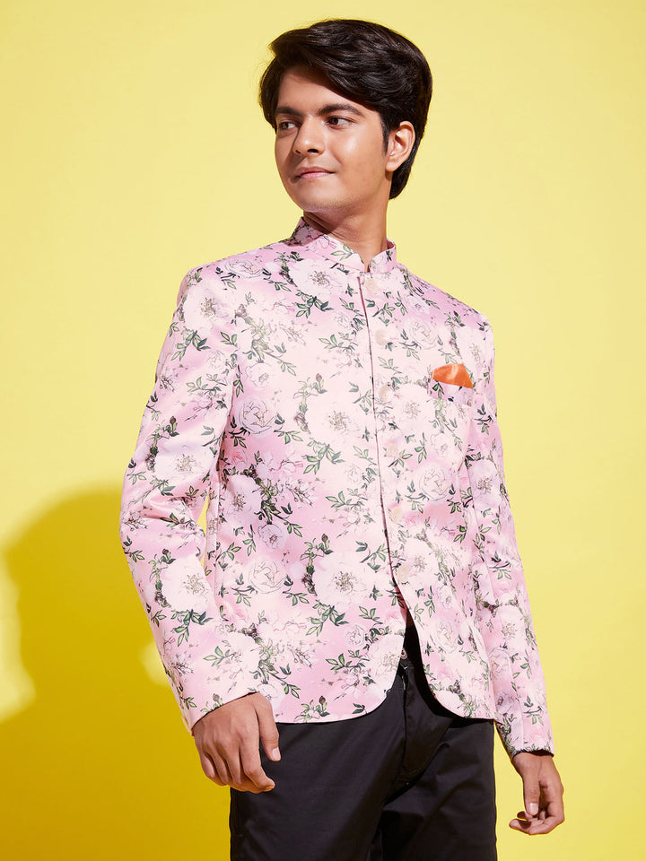 VASTRAMAY Boy's Floral Printed Pink Bandhgala Prince Coat Jodhpuri