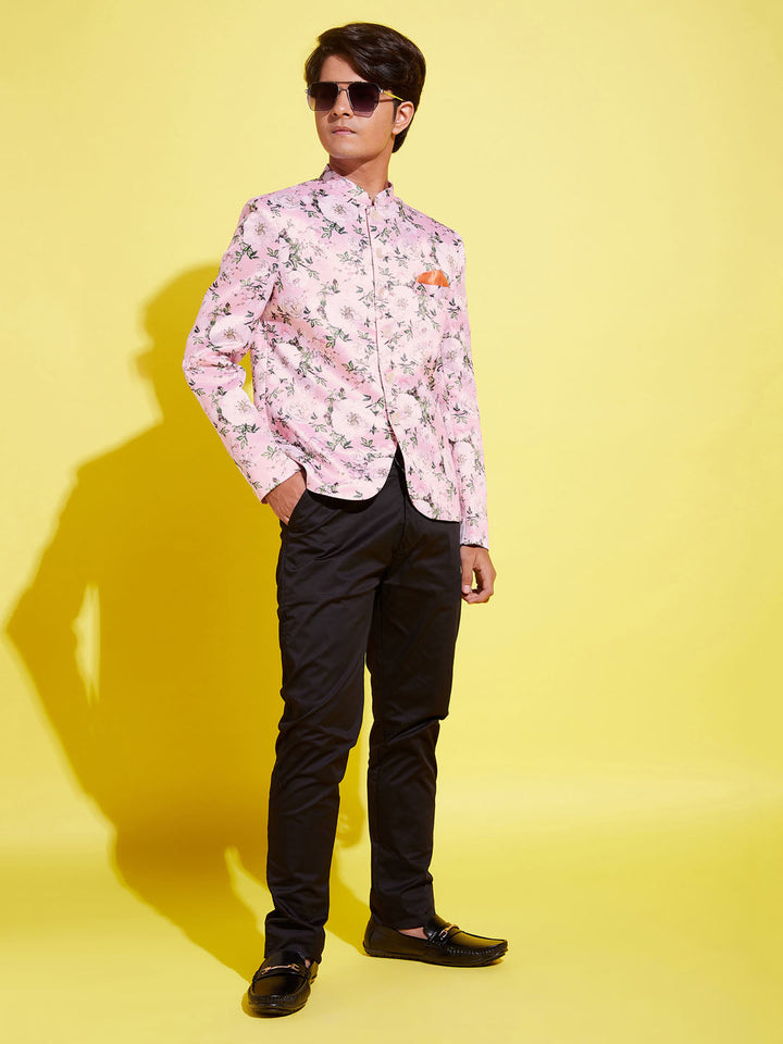 VASTRAMAY Boy's Floral Printed Pink Bandhgala Prince Coat Jodhpuri