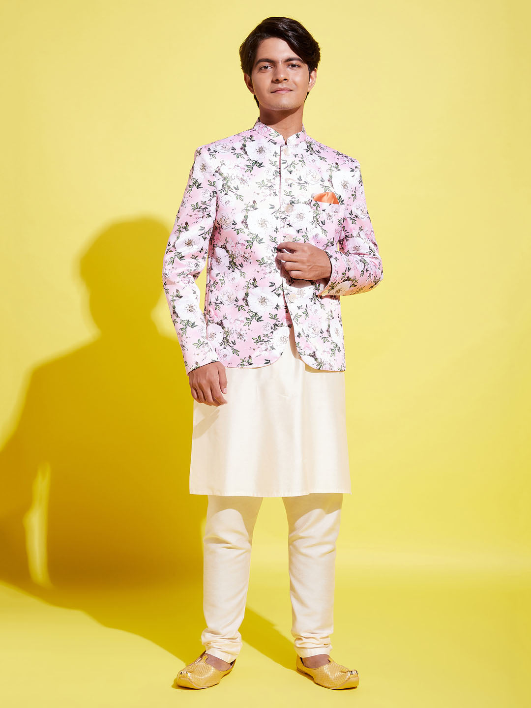 VASTRAMAY Floral Printed Pink Bandhgala Prince Coat Jodhpuri With Cream Kurta Pyjama Set