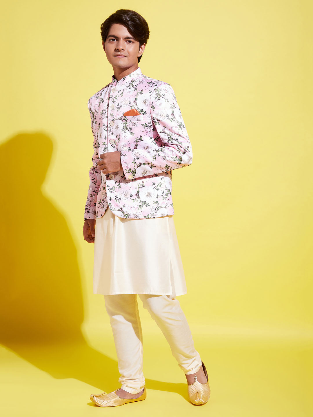 VASTRAMAY Floral Printed Pink Bandhgala Prince Coat Jodhpuri With Cream Kurta Pyjama Set