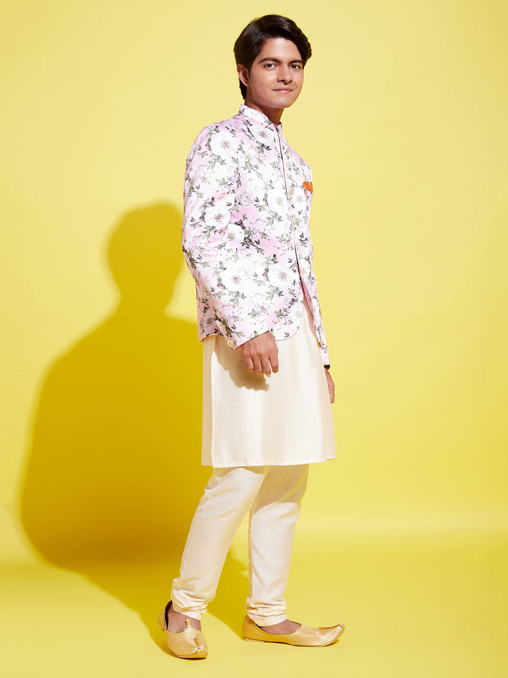 VASTRAMAY Floral Printed Pink Bandhgala Prince Coat Jodhpuri With Cream Kurta Pyjama Set