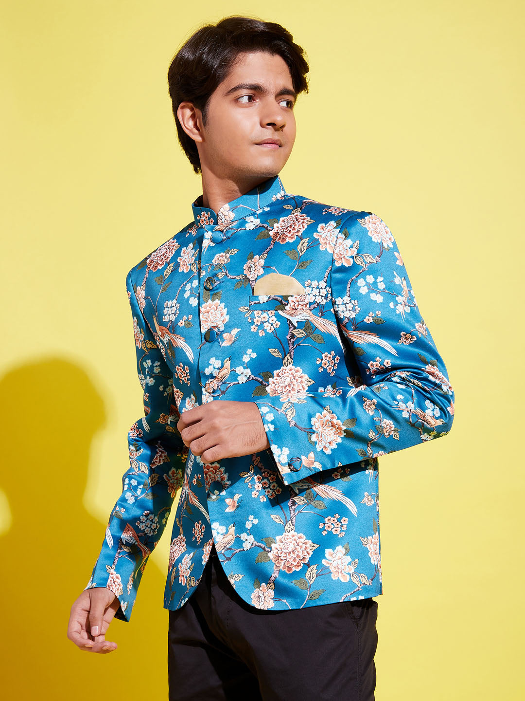 VASTRAMAY Boys Turquoise Blue Printed Bandhgala Blazer