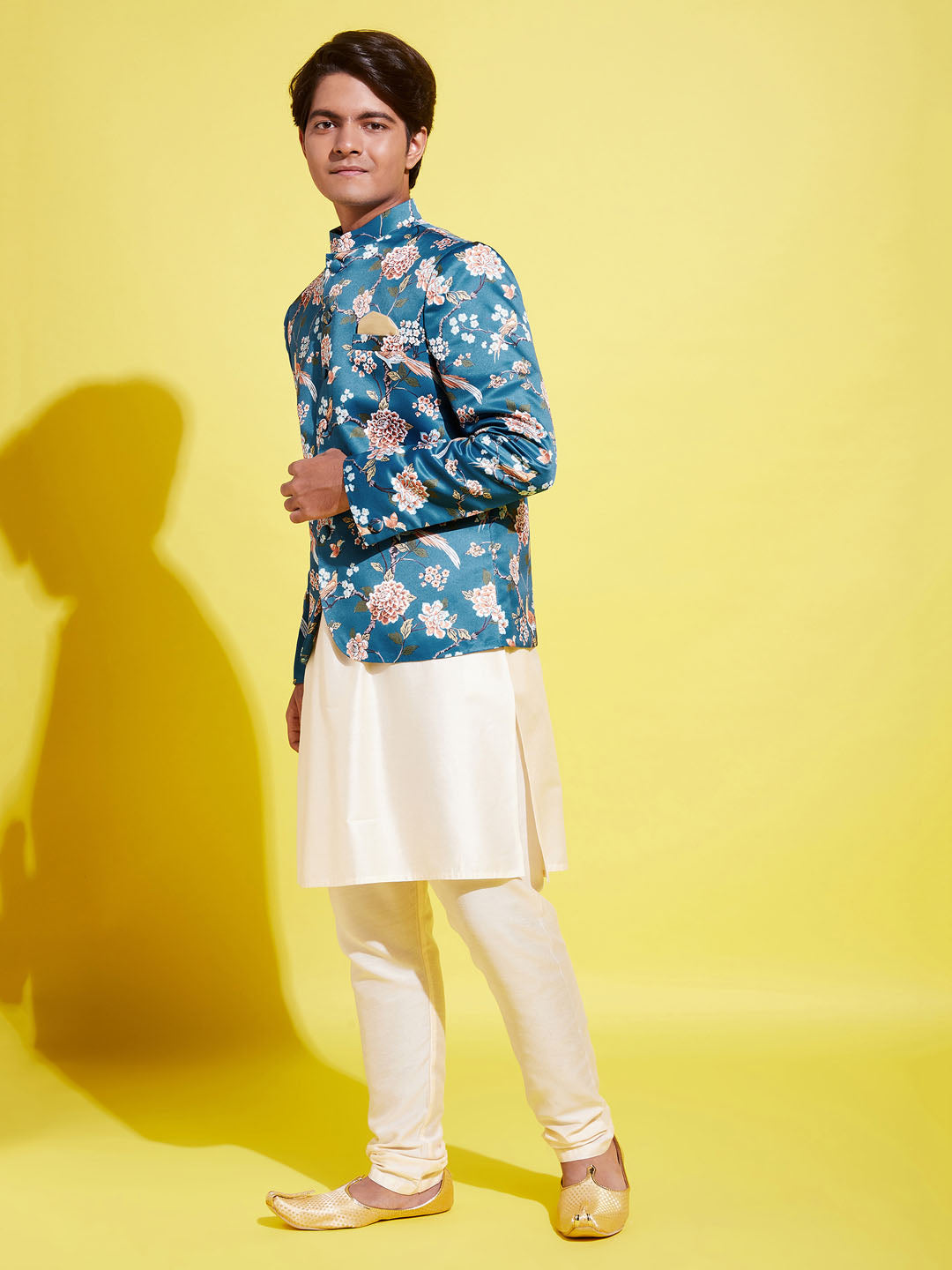 VASTRAMAY Floral Printed Turquoise Blue Bandhgala Prince Coat Jodhpuri With Cream Kurta Pyjama Set