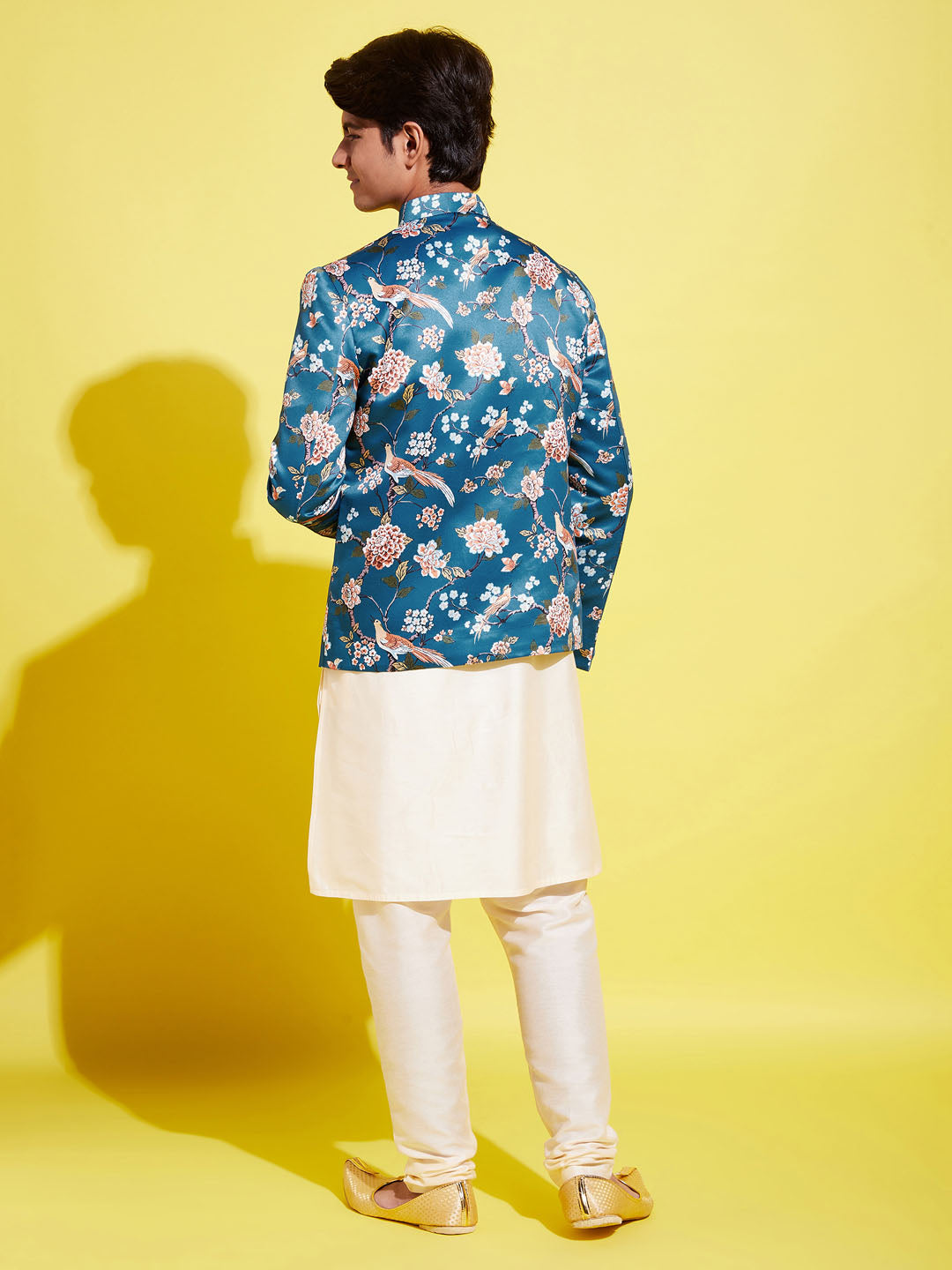 VASTRAMAY Floral Printed Turquoise Blue Bandhgala Prince Coat Jodhpuri With Cream Kurta Pyjama Set