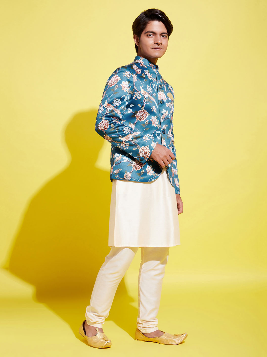 VASTRAMAY Floral Printed Turquoise Blue Bandhgala Prince Coat Jodhpuri With Cream Kurta Pyjama Set