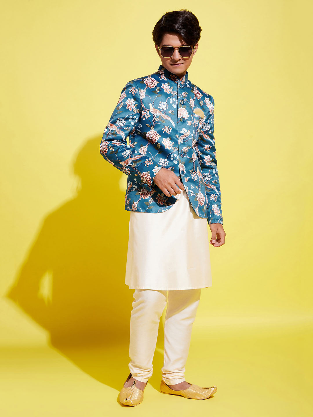 VASTRAMAY Floral Printed Turquoise Blue Bandhgala Prince Coat Jodhpuri With Cream Kurta Pyjama Set