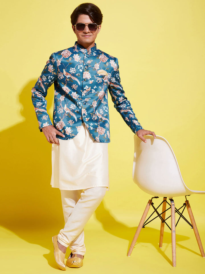 VASTRAMAY Floral Printed Turquoise Blue Bandhgala Prince Coat Jodhpuri With Cream Kurta Pyjama Set