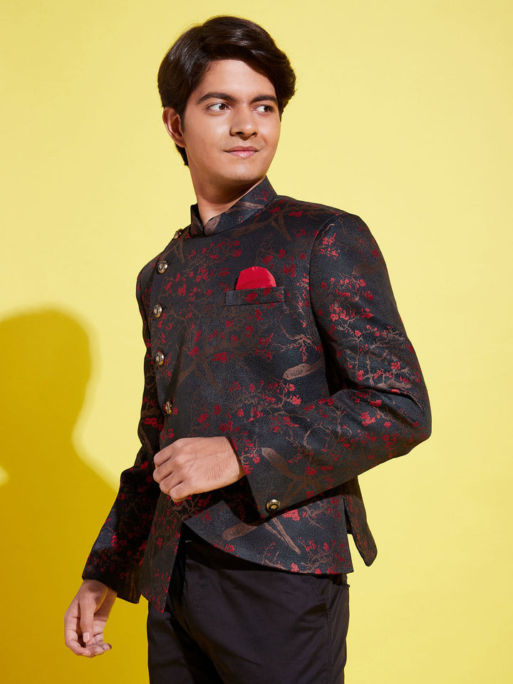 VASTRAMAY Boys Maroon Woven Design Silk Blend Bandhgala Blazer