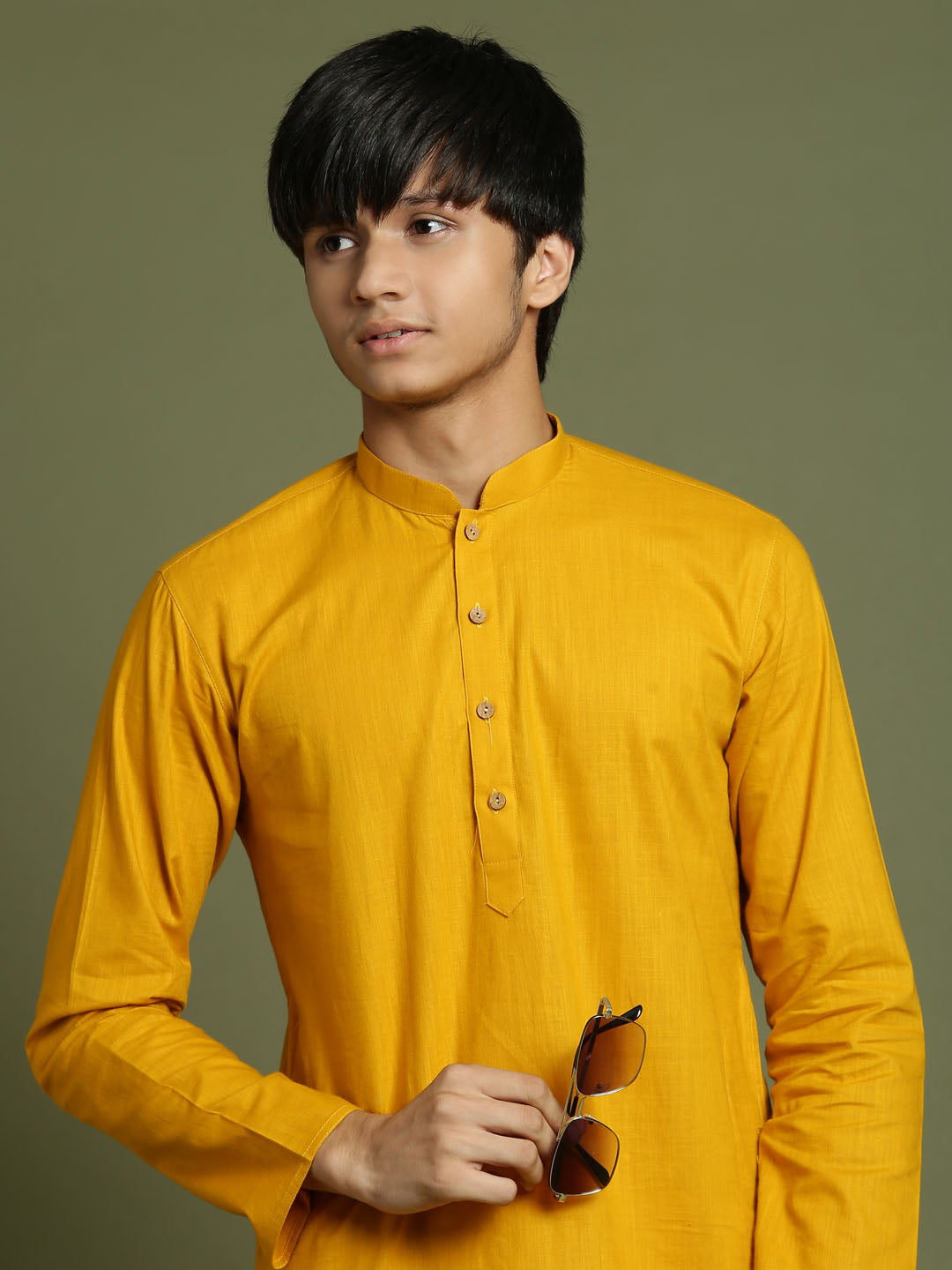 VASTRAMAY Boys Mustard And White Kurta Pyjama Set