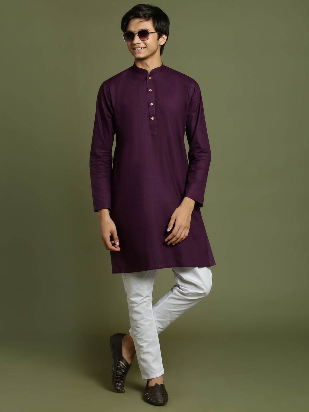 VASTRAMAY Boys Purple And White Kurta Pyjama Set