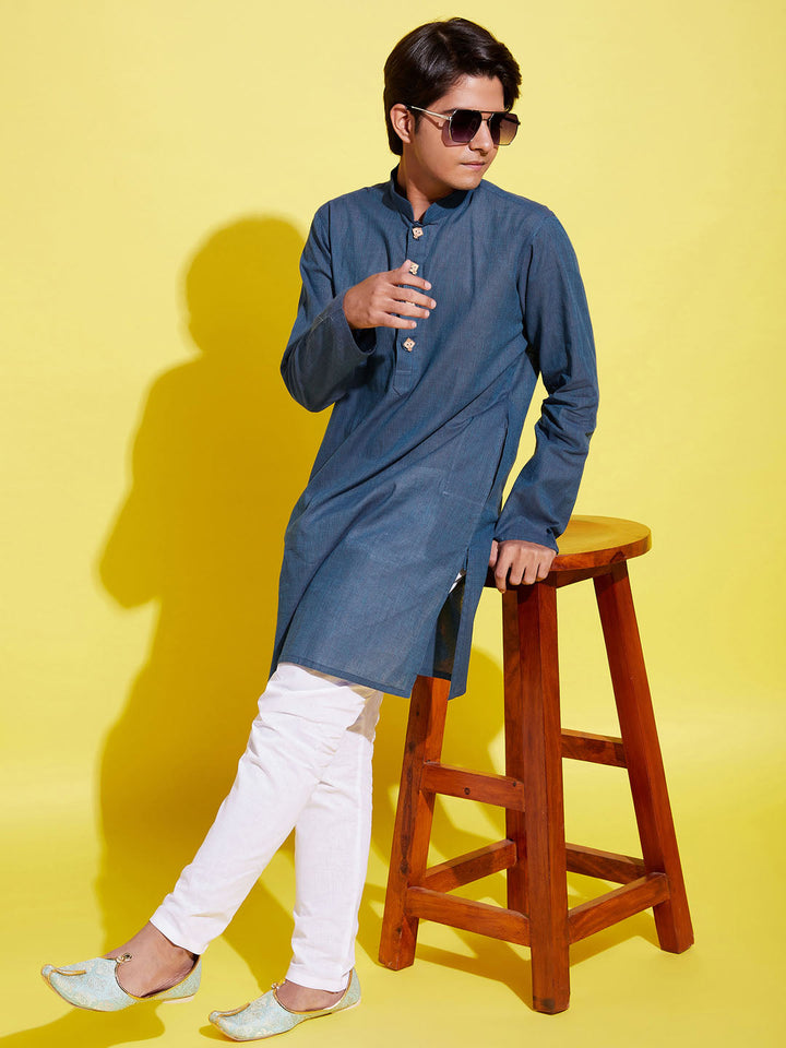 VASTRAMAY Boy's Blue Cotton Kurta and Pyjama Set