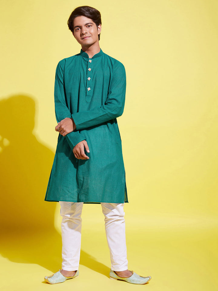 VASTRAMAY Boy's Green Cotton Kurta and Pyjama Set