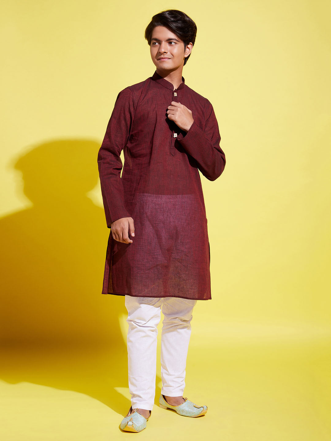 VASTRAMAY Boys Maroon Cotton Kurta and Pyjama Set