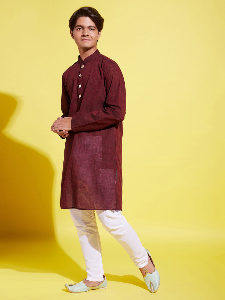 VASTRAMAY Boys Maroon Cotton Kurta and Pyjama Set