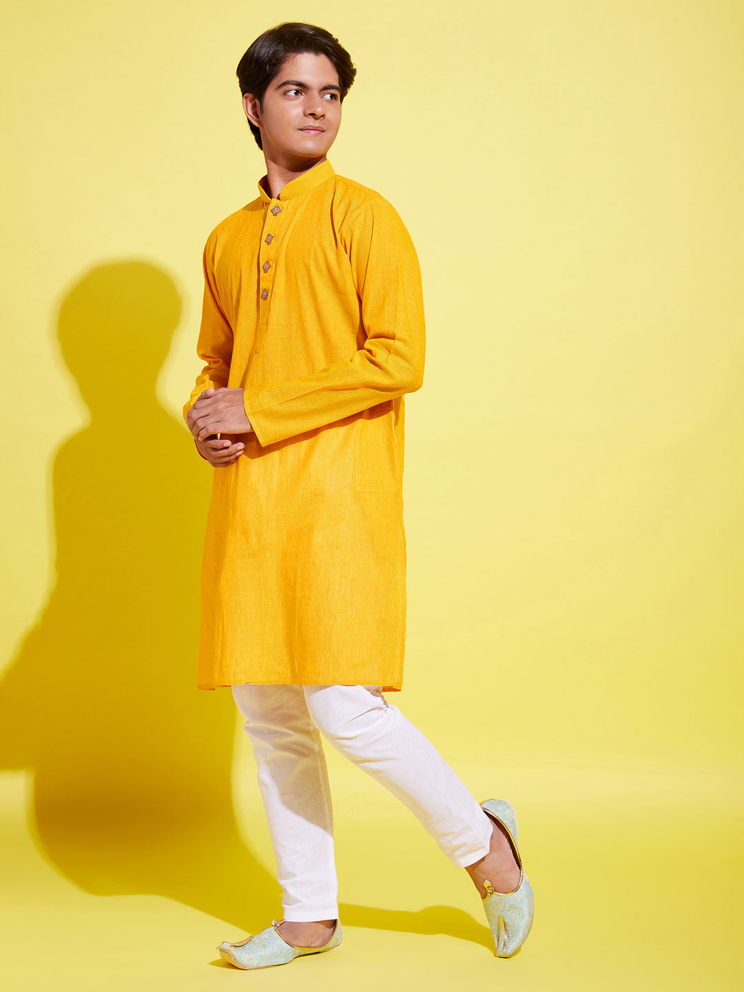 VASTRAMAY Boy's Yellow Cotton Kurta and Pyjama Set