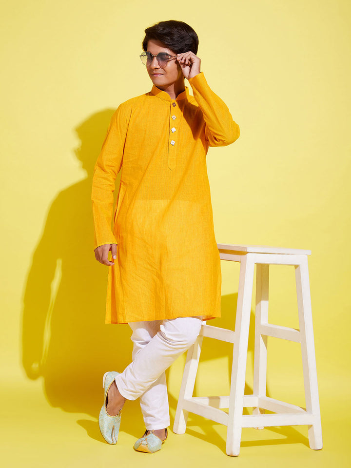 VASTRAMAY Boy's Yellow Cotton Kurta and Pyjama Set