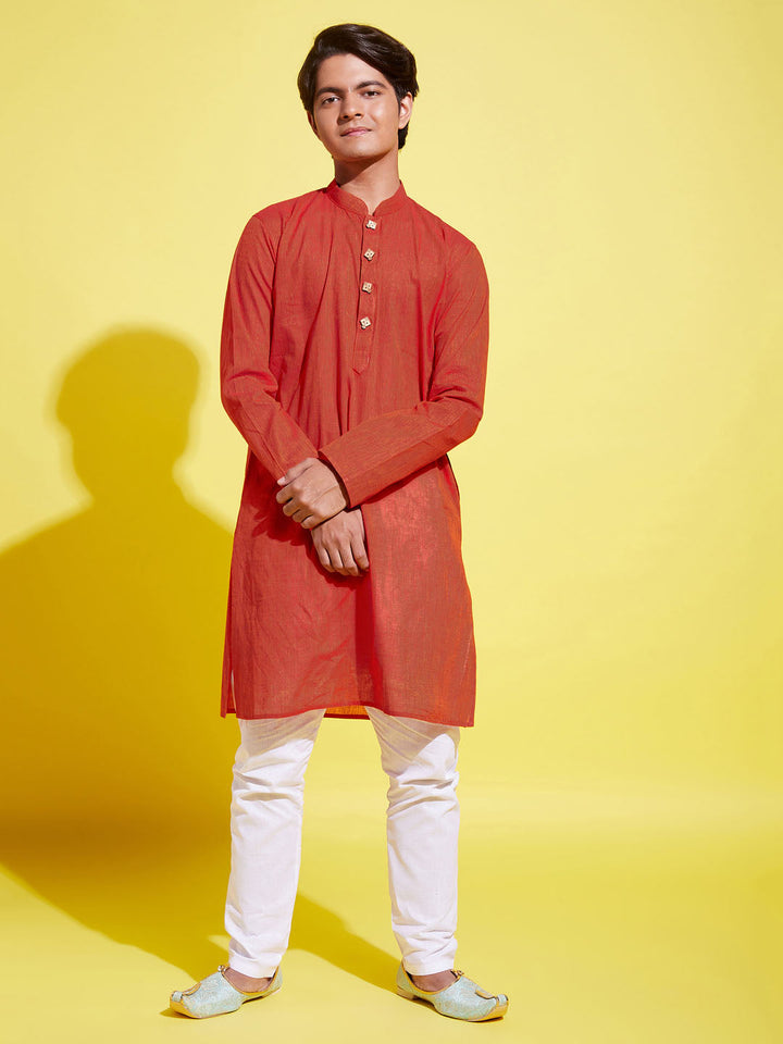 VASTRAMAY Boy's Red Cotton Kurta and Pyjama Set