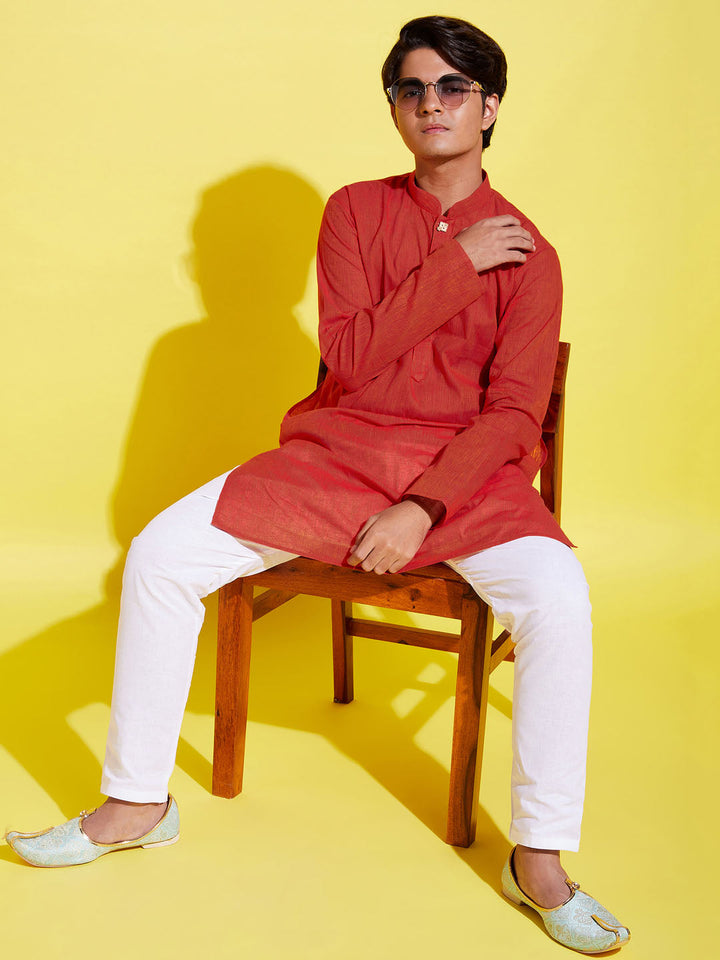 VASTRAMAY Boy's Red Cotton Kurta and Pyjama Set