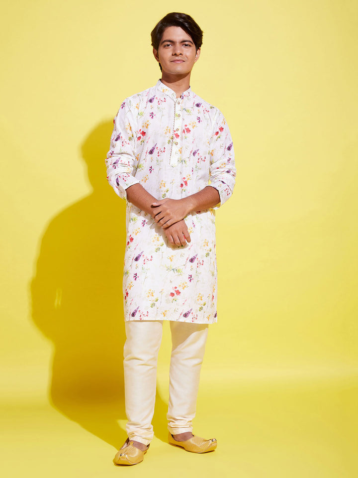 VASTRAMAY Boy's Printed Cream Cotton Blend Kurta and Pyjama Set