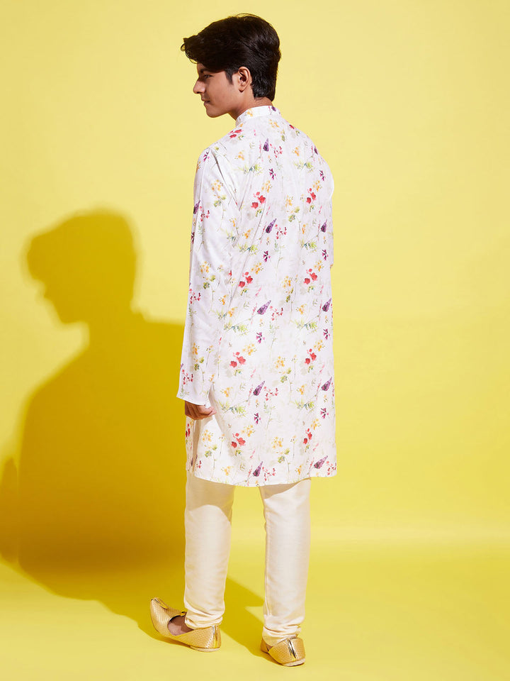 VASTRAMAY Boy's Printed Cream Cotton Blend Kurta and Pyjama Set