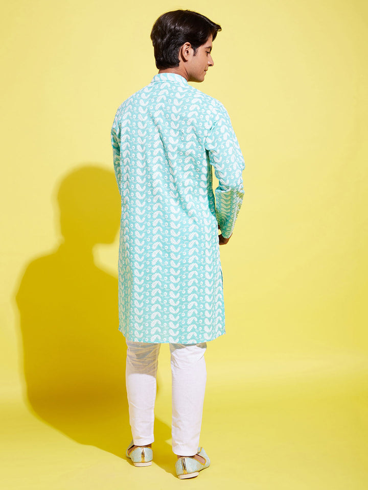 VASTRAMAY Boy's Green Chikankari Kurta With White Pyjama Set