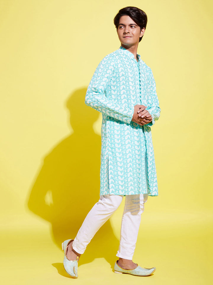 VASTRAMAY Boy's Green Chikankari Kurta With White Pyjama Set